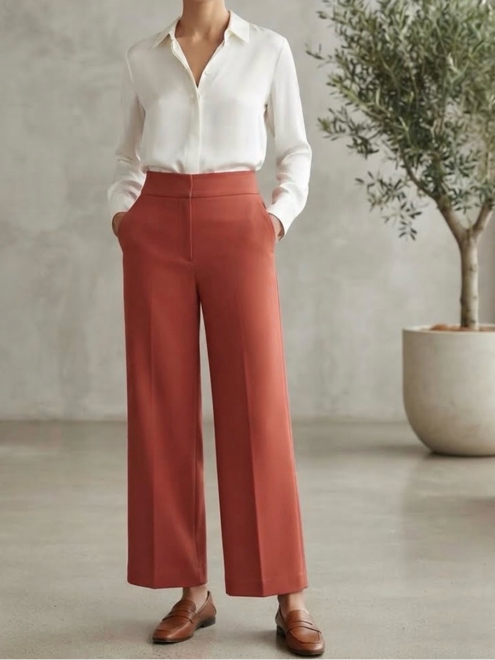 Wilfred Aritzia Author Pant High Rise Wide Leg Crepe Trouser Terracotta Rust
